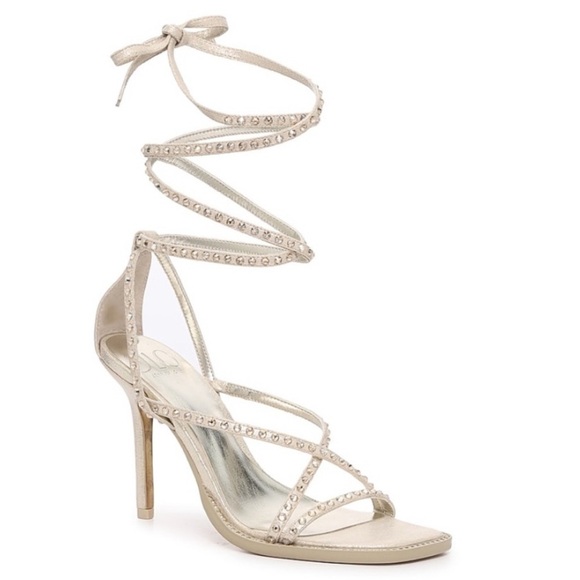 Jlo Gold Heels with Rhinestone Lace Up Straps - Picture 1 of 7
